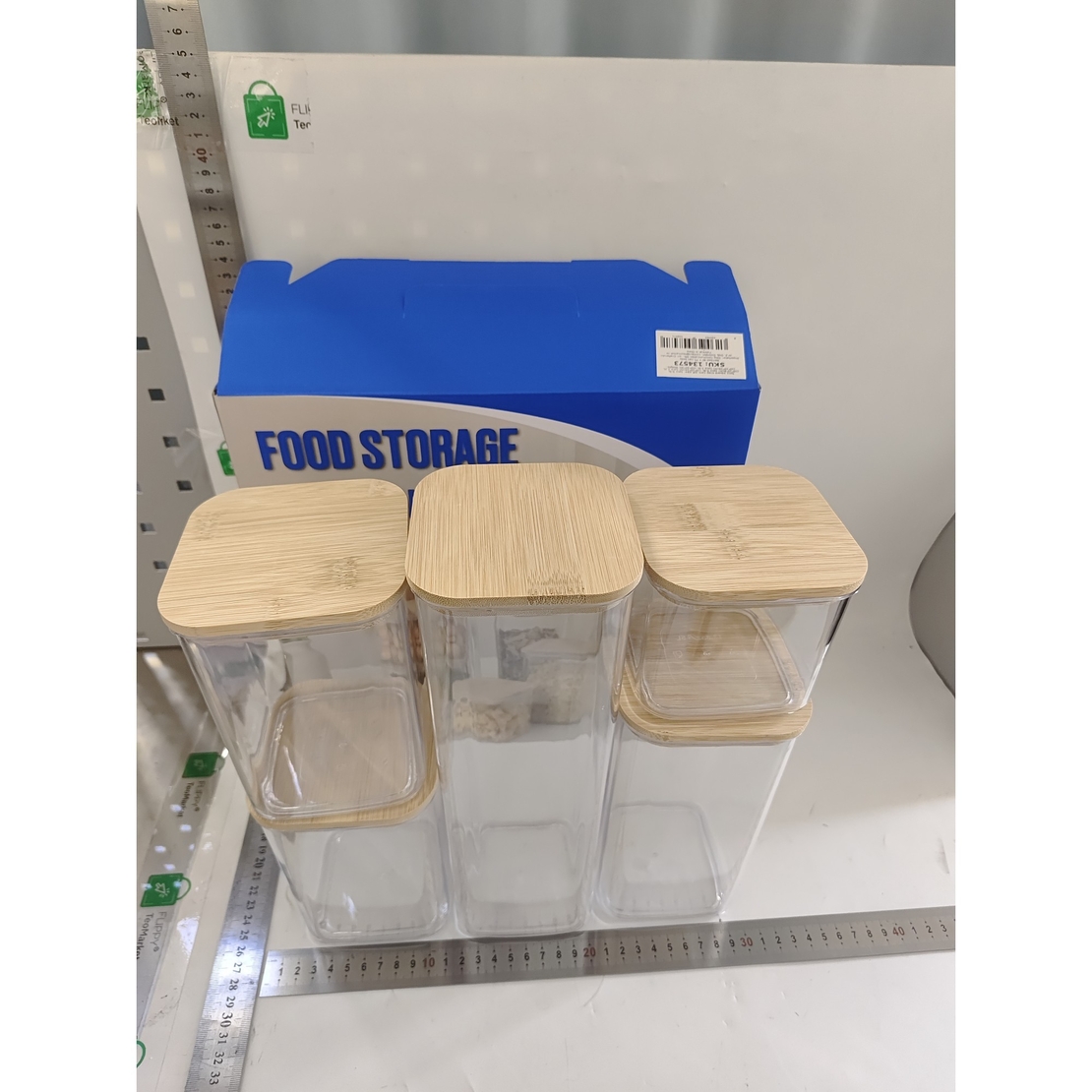 Cutii de Depozitare Alimente, Flippy, Set din 5 Cutii de tip Container, Cutii pentru Cereale, din Plastic, Capac din Bambuc, 1pc 0.5 l. 2pc 0.8 l, 2pc 1.2 l, 1pc 1.9 l,  Transparente