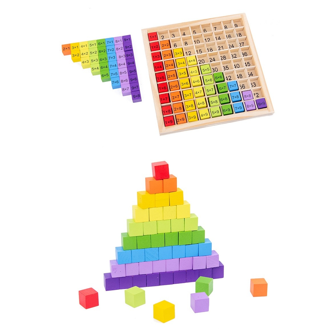 Joc Montessori din Lemn, Flippy, Tabla Inmultirii, Blocuri, Tabel de Multiplicare pana la 9x9, Multicolor, 18x18x1.5 cm