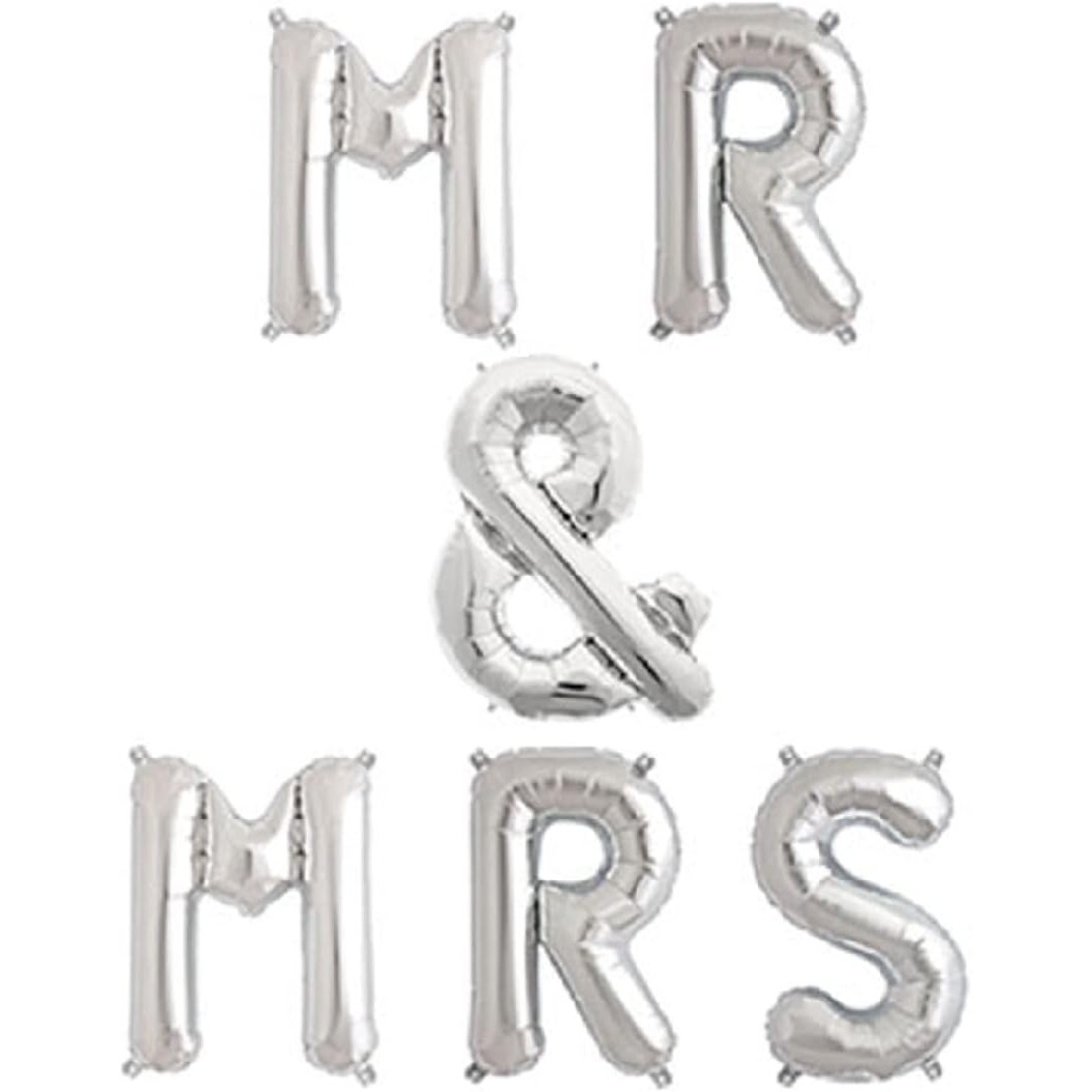 Set Baloane din Folie Metalizata, Flippy, Figurine Litere, Model MR&MRS, Tema Nunta, 40 cm, Baloane Party, Ambalaj Individual, Pai inclus, Umflare cu Aer sau Heliu, Argintiu