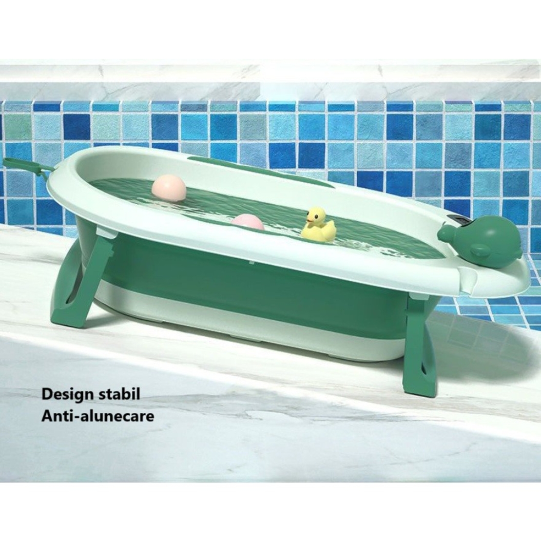 Cada de Baie, Flippy, pentru Copii 0 luni - 6 Ani, cu Termometru, Pliabila, Perna Suport Inclusa, din Plastic, 81.5 x 49 x 21.5 cm, Verde