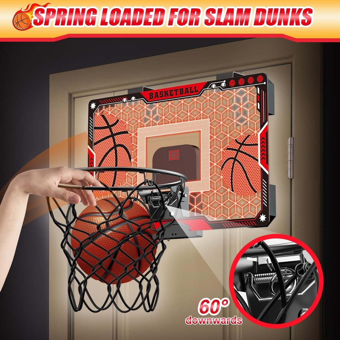 Cos de Baschet pentru Copii, Flippy, cu Tablou de Bord Electronic, Minge, Pompa, 2 Moduri, Interior/Exterior, Inel Metalic si Rabatabil cu Arc, Luminos, 41x27.5x5 cm, Multicolor