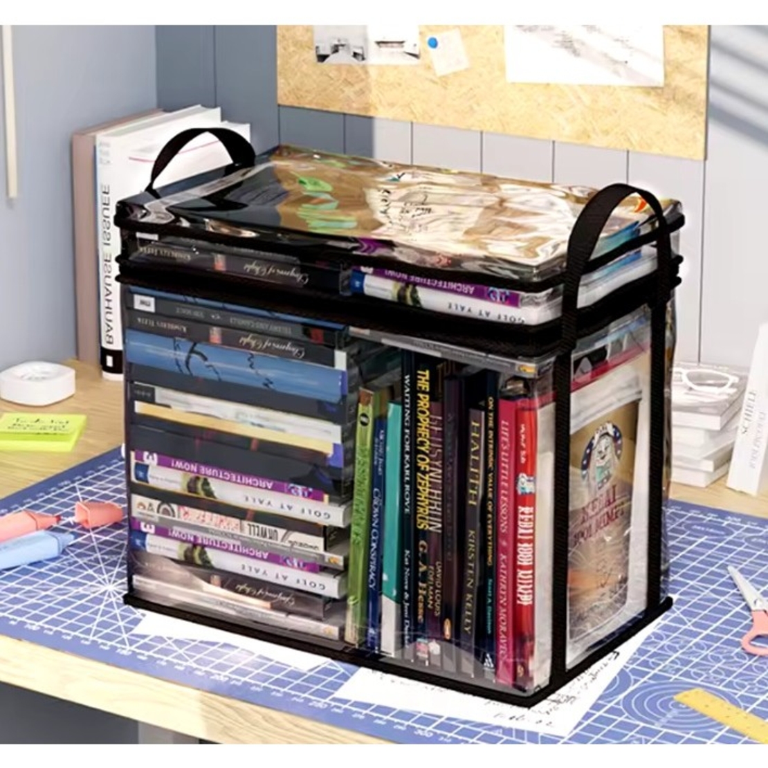 Cutie de Depozitare, Flippy, din PVC + Textil, Rezistenta la Apa, Geanta pentru Carti, 23x17x28 cm, Transparent-Negru