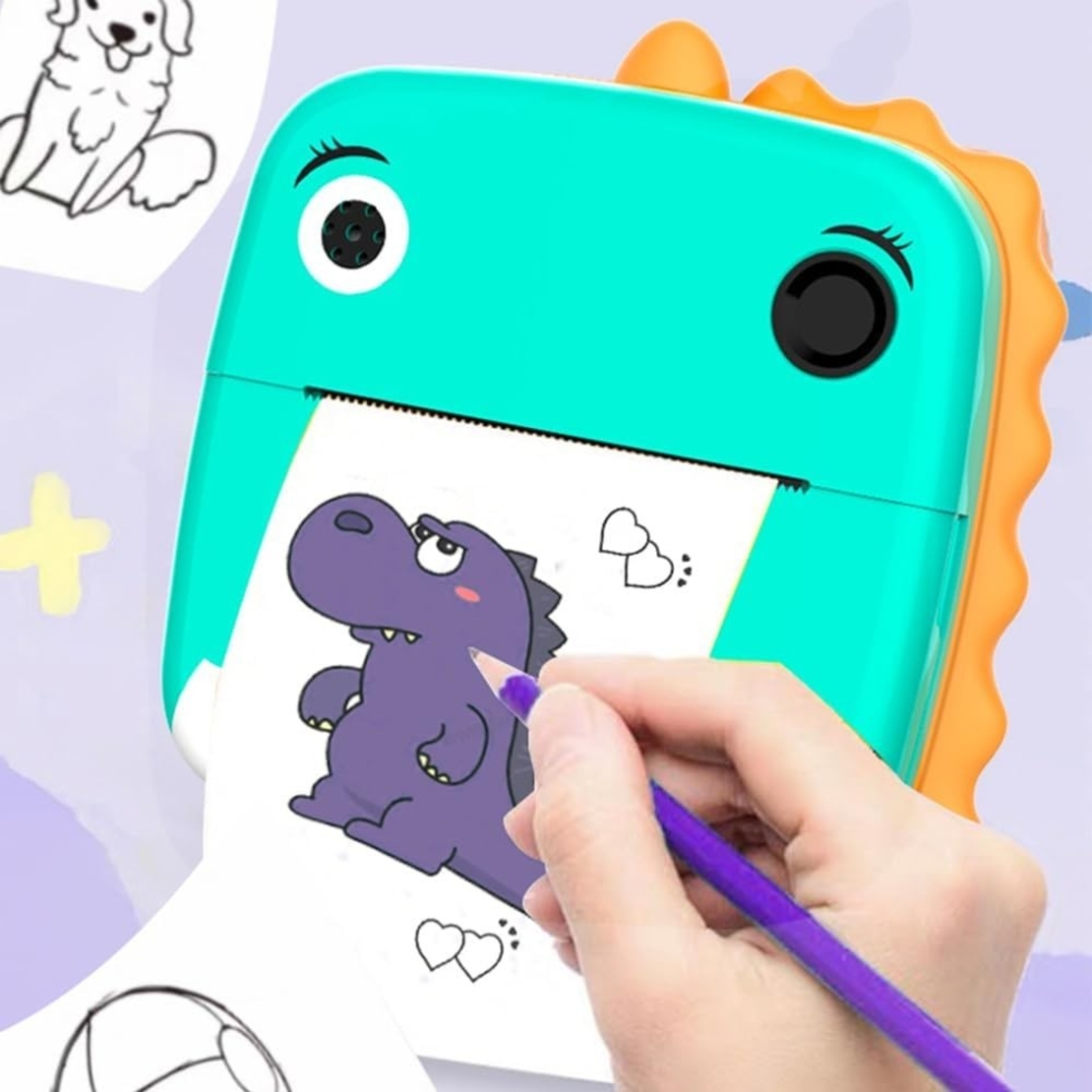 Camera Instantanee pentru Copii, Flippy, Camera Frontala + Selfie, cu Functie de Printare, Cablu USB-C, Bluetooth, Compatibil iOS/Android, Model Dinozaur, Snur Inclus, Verde