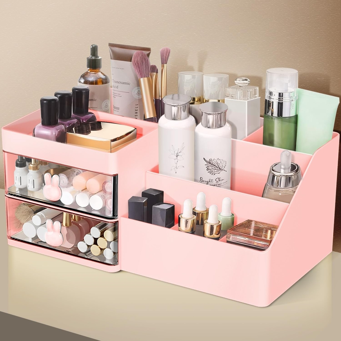 Cutie de Depozitare pentru Birou, Flippy, Pentru Makeup, Papetarie, Organizator Cosmetice, 2 Sertare si Compartimente Multiple, Model Iepuras, Plastic, 27.5x15.5x12 cm, Roz