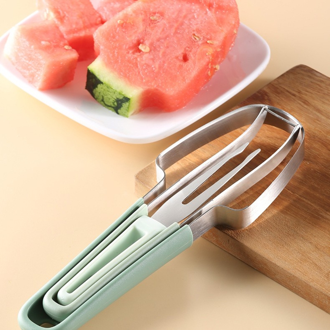 Taietor Decojitor pentru Pepene, Flippy, pentru Legume si Fructe, Multifunctional, Set din 3 Parti, Otel Inoxidabil si Plastic PP, 22.5 x 7 cm Verde