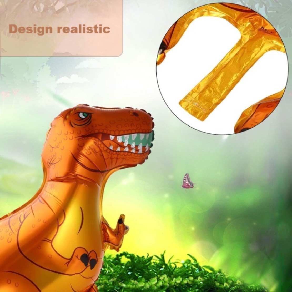 Balon din Folie Metalizata, Flippy, Mini Figurine Dinozauri, Model T-Rex, Tematica Aniversare, 48x34 cm, Ambalaj Individual, Pai Inclus, Umflare cu Aer sau Heliu, Multicolor