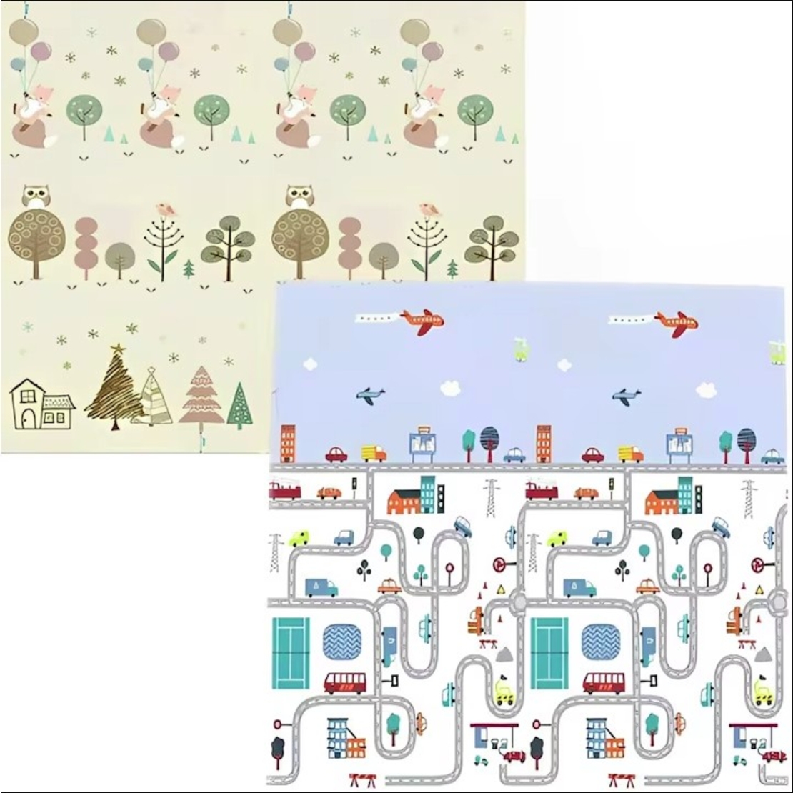 Covoras de Joaca pentru Copii Termic cu 2 Fete, Flippy, Model Vulpi si Pista de Masini, cu Spuma, Impermeabil, Antiderapant, 200cm x 180cm x 0.8cm