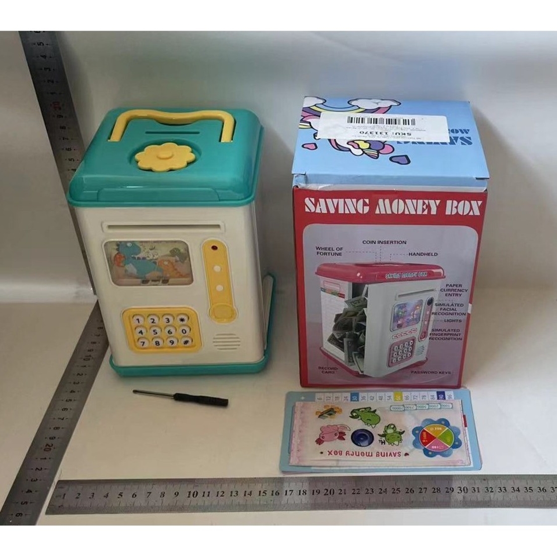 Set Pusculita pentru Copii, Flippy, Tip ATM, Parola cu Amprenta, 13.5 x 11.5 x 20 cm, Albastru