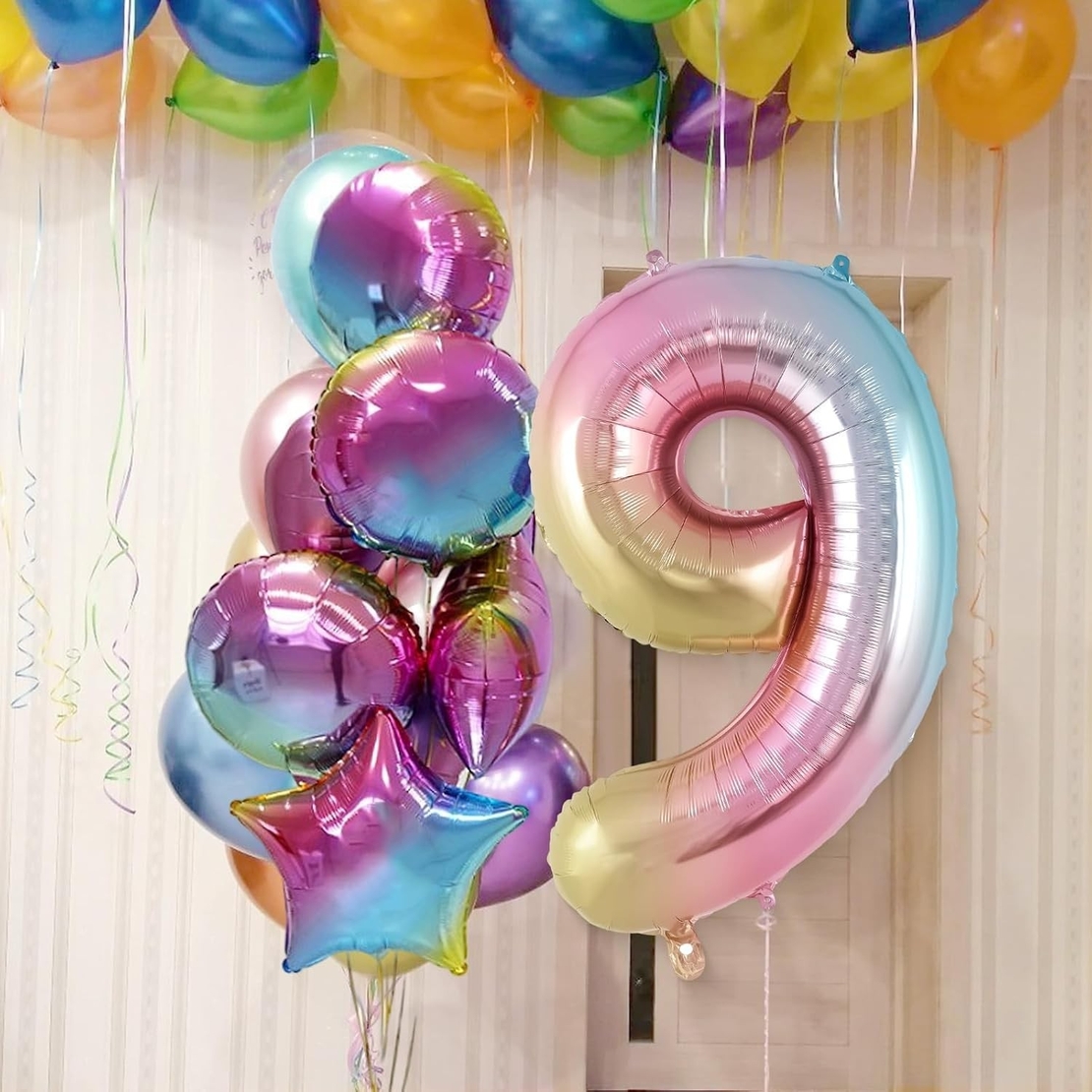 Balon din Folie Metalizata Gradient Flippy, Figurina Cifra, Tema Aniversare 100 cm, Ambalaj Individual, Pai inclus, Umflare cu Aer sau Heliu, Multicolor, Cifra 9