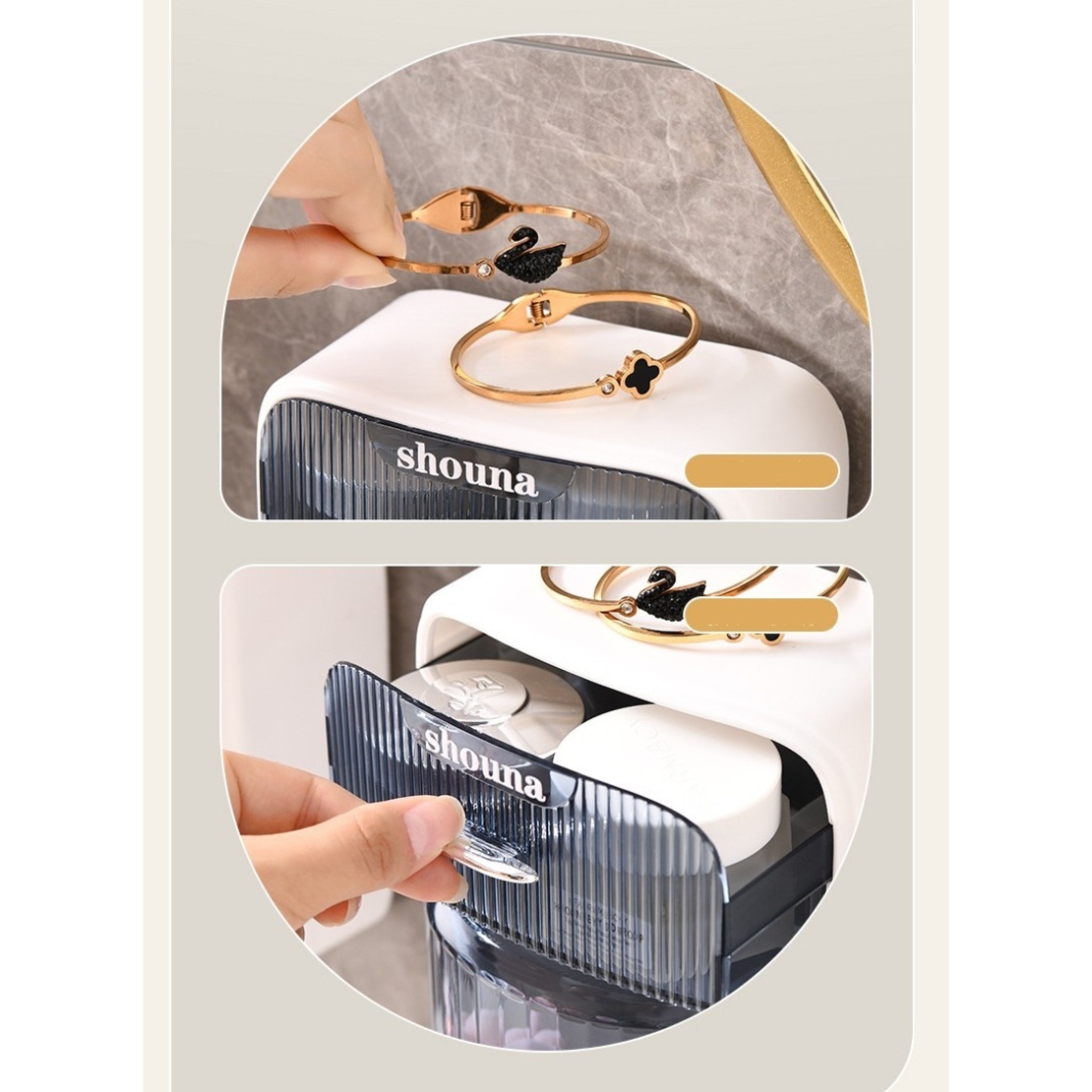 Organizator Baie, Flippy, 4 Compartimente si 1 Sertar, Rotire 360 Grade, din PP+PET, 27.5 x 16 x 11 cm, Albastru