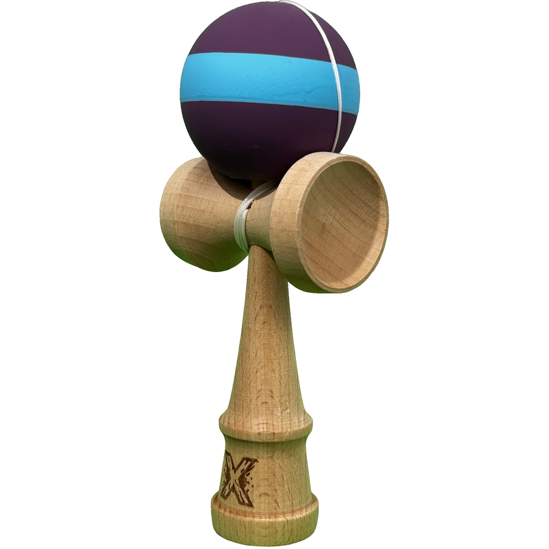 Kendama X Originala, Flippy, 18 cm, Profesionala, +9 Ani, din Lemn, Model cu Dunga, Mov/Albastru