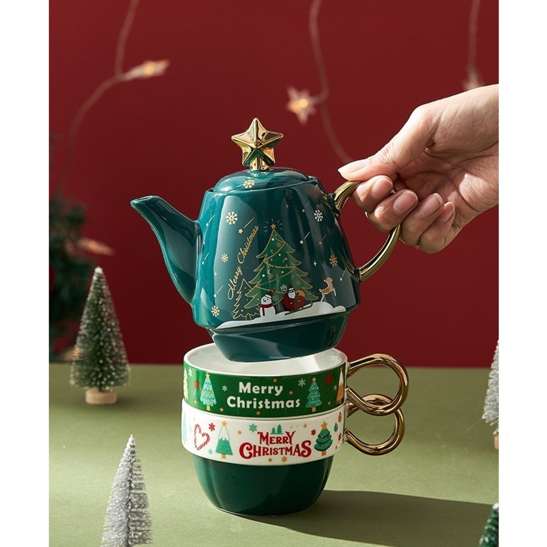 Set de Ceai, Flippy, Tema Craciun, Ceainic 450 ml, 2 x Cani 250 ml, din Ceramica, Model Ren, Verde/Turcoaz