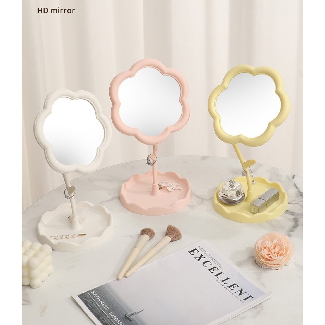 Oglindă de Machiaj pentru Birou, Flippy, Rotativă, Detasabilă, Model de Floarea Soarelui, Suport pentru Inele, cu Depozitare, Roz