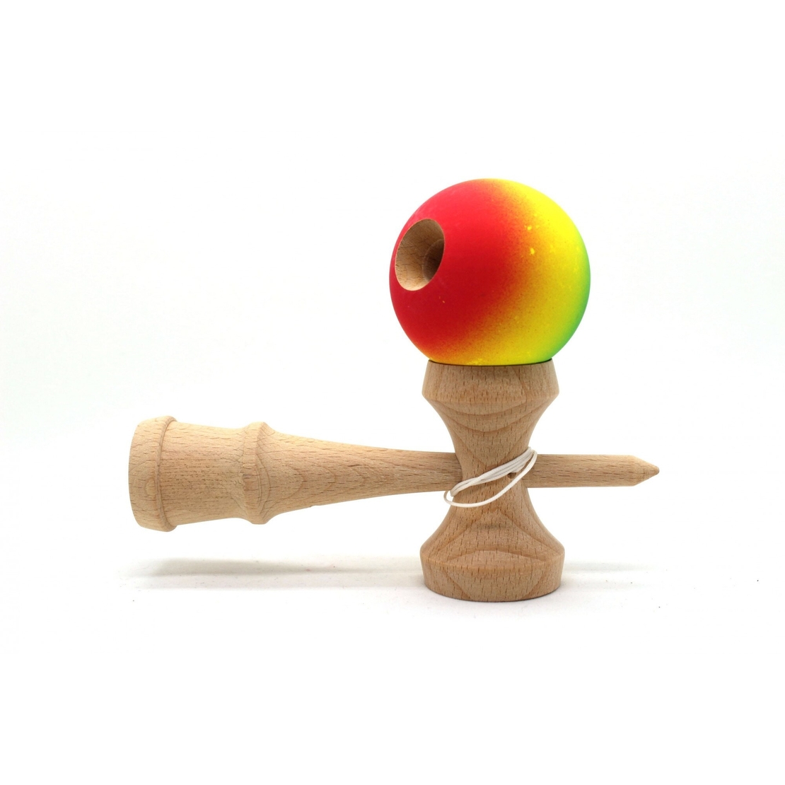 Jucarie Interactiva Kendama, Flippy, din Lemn, 18 cm, Joc de Indemanare pentru Copii si Adulti, Model Gradient 3, Rosu/Galben/Albastru