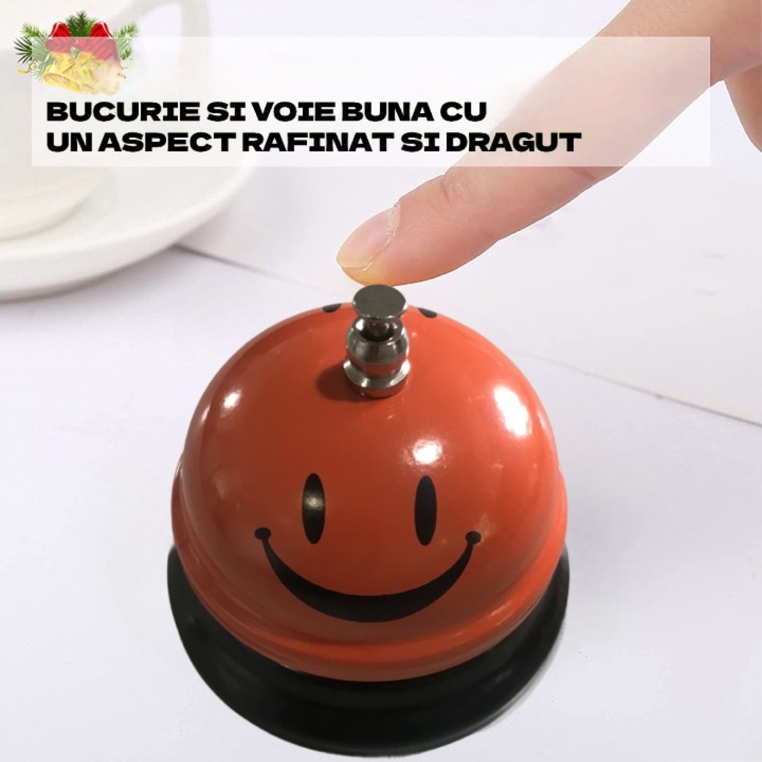 Clopotel Metalic Multifunctional, Flippy, Portocaliu cu Imprimeu Smiley Face, 7.5x7.5x6.5 cm, Receptie, Restaurant, Cafenele