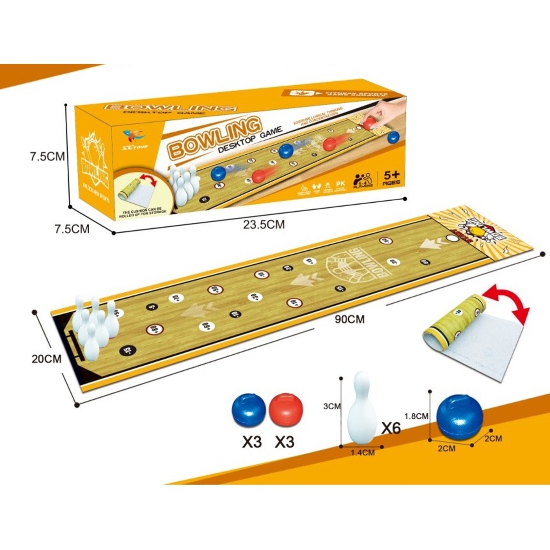 Joc Interactiv, Flippy, Covor de Bowling 90 x 20 cm, 1-4 Jucatori, +5 Ani, 6 Mingi Incluse, 6 Popice, Galben