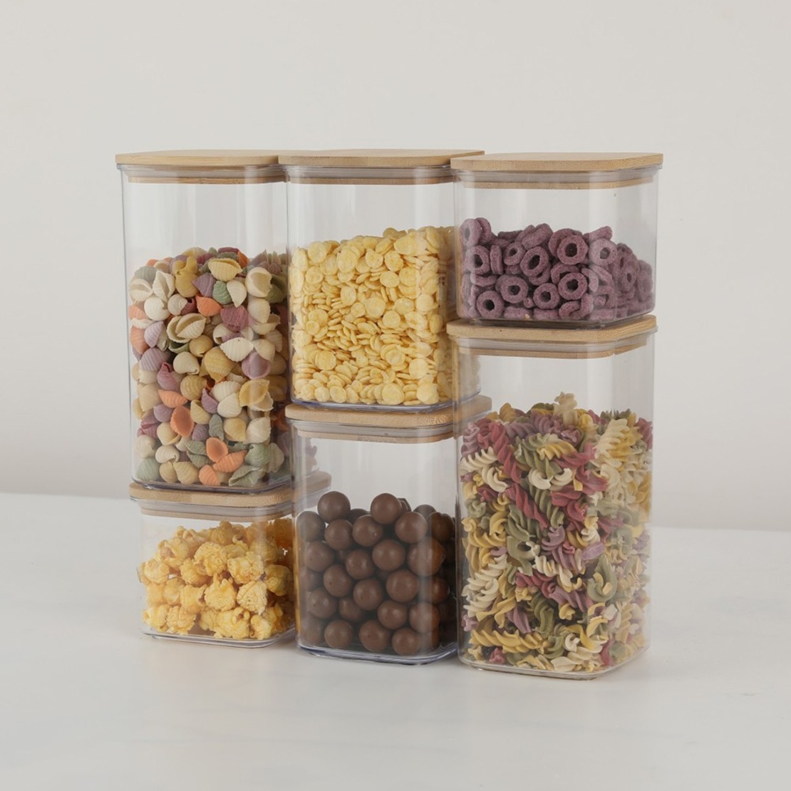 Cutii de Depozitare Alimente, Flippy, Set din 6 Cutii de tip Container, Cutii pentru Cereale, din Plastic, Capac din Bambuc, 2pc 0.5 l. 2pc 0.8 l, 2pc 1.2 l, Transparente