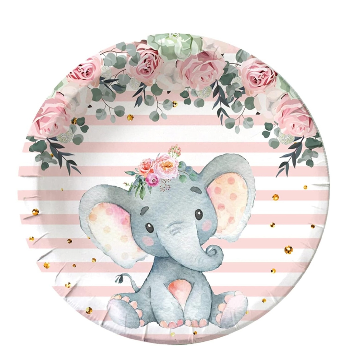 Set 10 Farfurii Unica Folosinta, Flippy, Imprimeu Elefant, din Carton, 22 cm, Roz