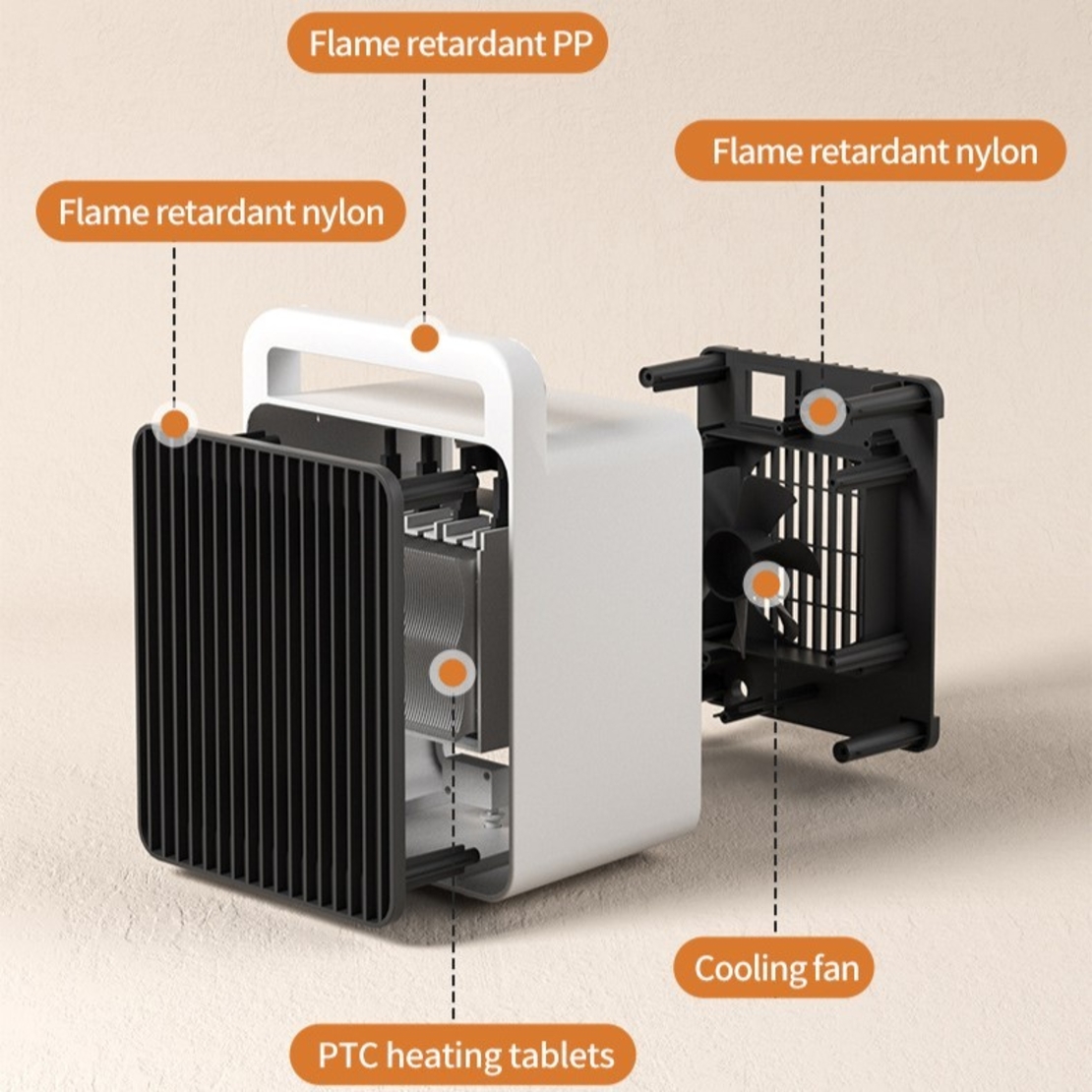Mini Aeroterma, Flippy, Mini Radiator Electric, Putere 900 W, Buton cu 2 Trepte de Temperatura, Inchidere Automata, cu Maner de Prindere, 15x10.3x21 cm, Alb/ Negru