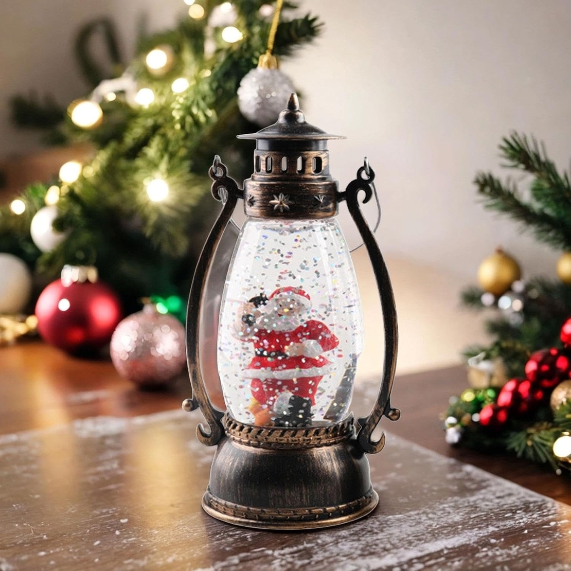 Decoratiune Luminoasa, Flippy, Felinar de Craciun, cu Lumina LED, Ornament Model Lampa cu Ulei Mos Craciun, cu Maner, 14x7x6 cm, Negru