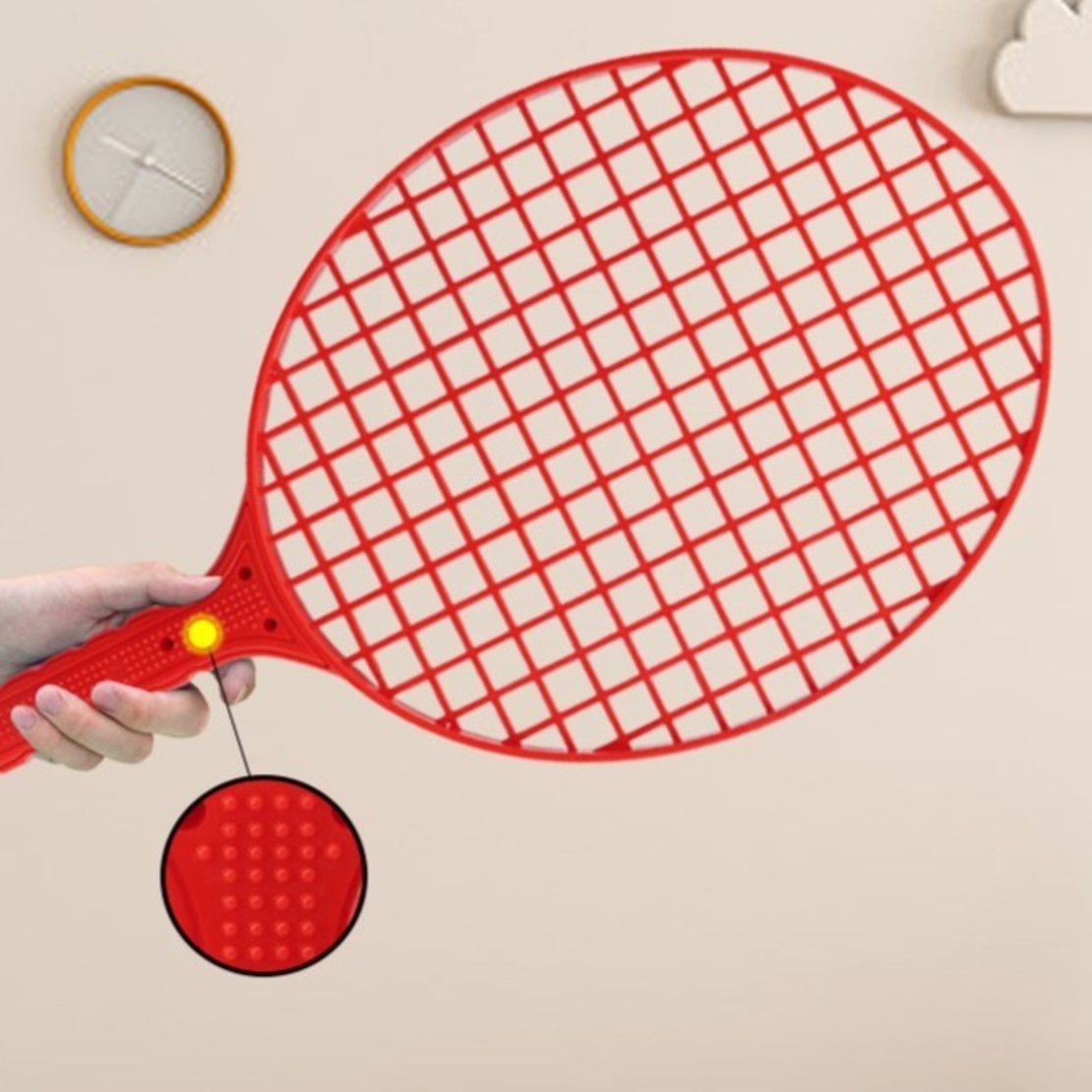 Set Badminton pentru Copii, Flippy, Doua Palete, Fluturas, 2 Mingi, Minge cu Elastic pentru Antrenament, Suport de Prindere Stabil, 40.5x23 cm, Rosu Galben