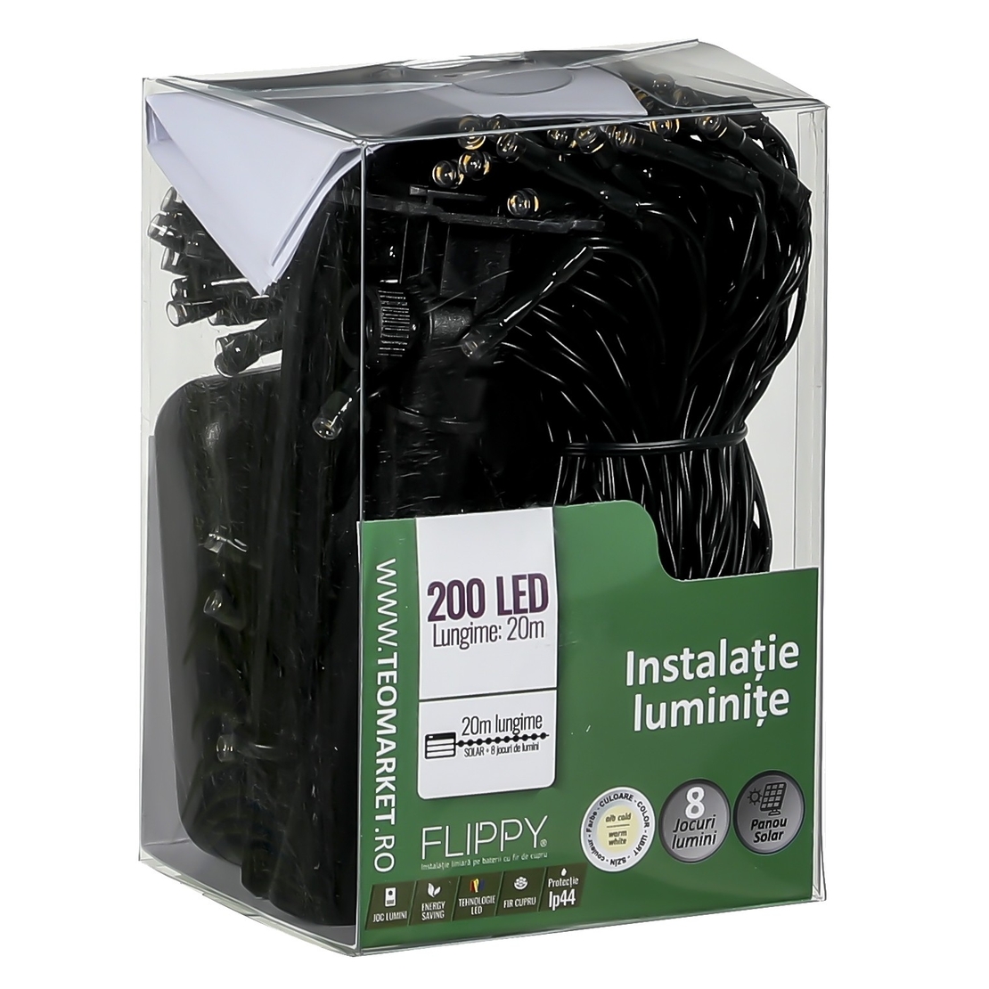 Instalatie Craciun, 20 metri, 200 de LED-uri, alb cald, cu energie solara, fir de cupru, liniar, interior/exterior, Flippy