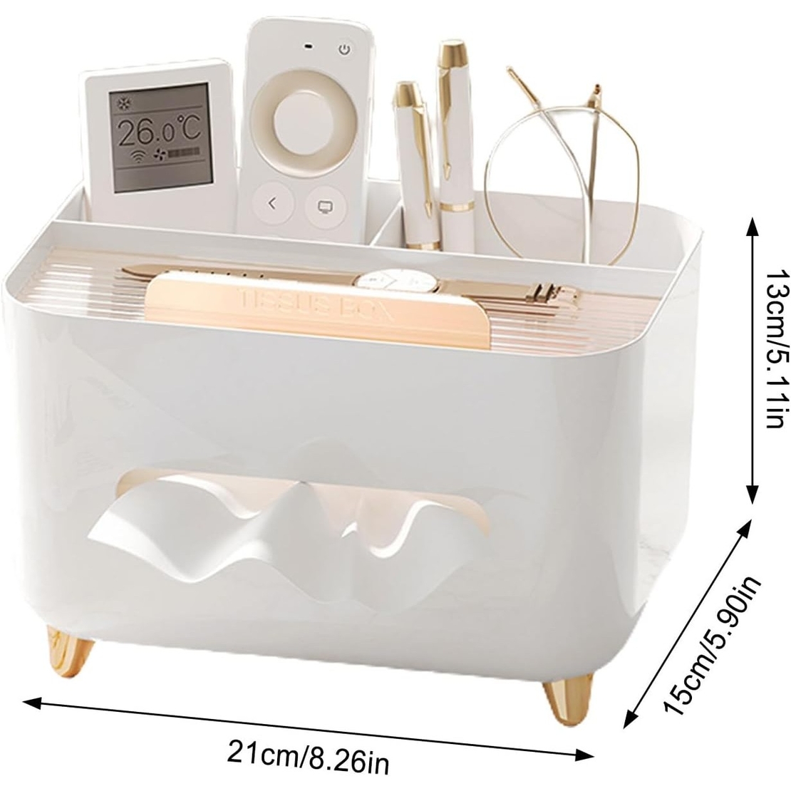 Suport pentru Servetele, Flippy, Cutie Multifunctionala, Design Minimalist, ABS, cu Suport pentru Obiectele Personale, pentru Birou, 21x15x13 cm, Alb