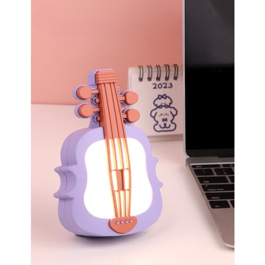 Lampa de Veghe, Flippy, cu Protectie pentru Ochi, Model Violina, Lumina Calda, Incarcare USB, ABS, 14.3x5x9.9 cm, Mov/ Portocaliu