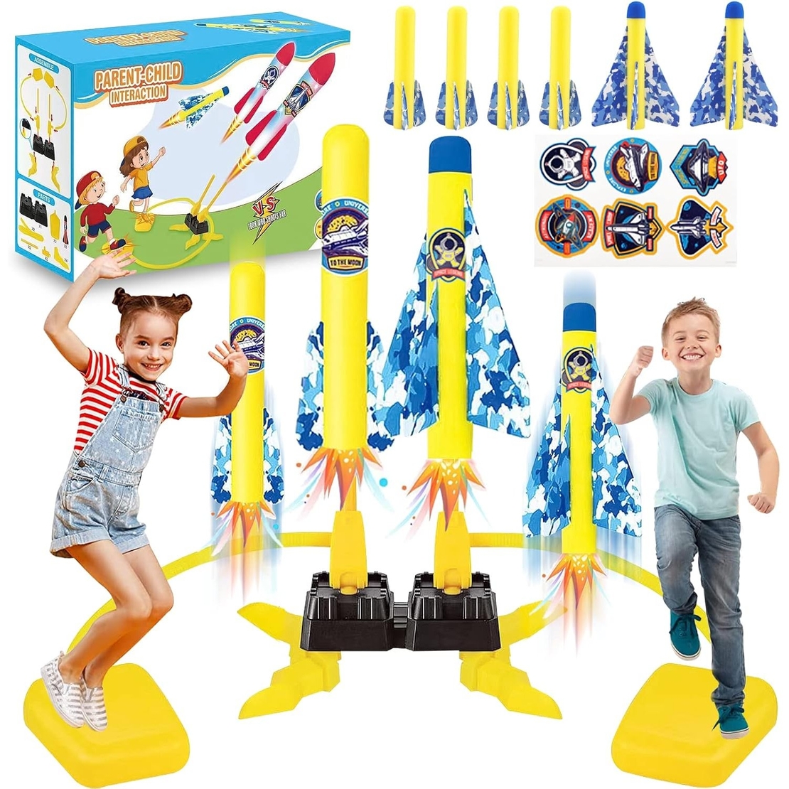 Jucarie pentru Copii, Flippy, Lansator de Rachete cu Piciorul, Doua Lansatoare, 6 Rachete Fara Lumini, 45x18 cm, Galben