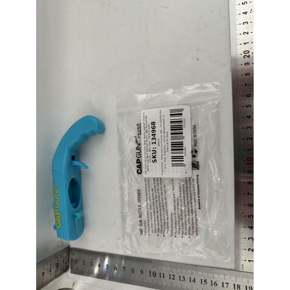Deschizator de sticle, Flippy, Model Pistol, Plastic, ABS, pentru Dopuri Metalice, 13 x 6 x 3.7 cm, Albastru