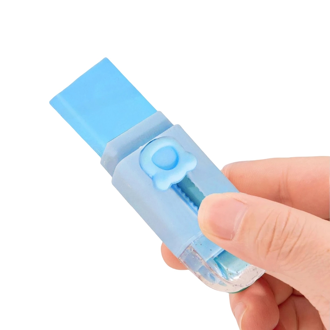 Radiera Retractabila, Flippy, Model Ursulet, Reglare Push-Pull, Radiera de tip Push, Doua Radiere de Rezerva in set din Cauciuc, Albastru deschis