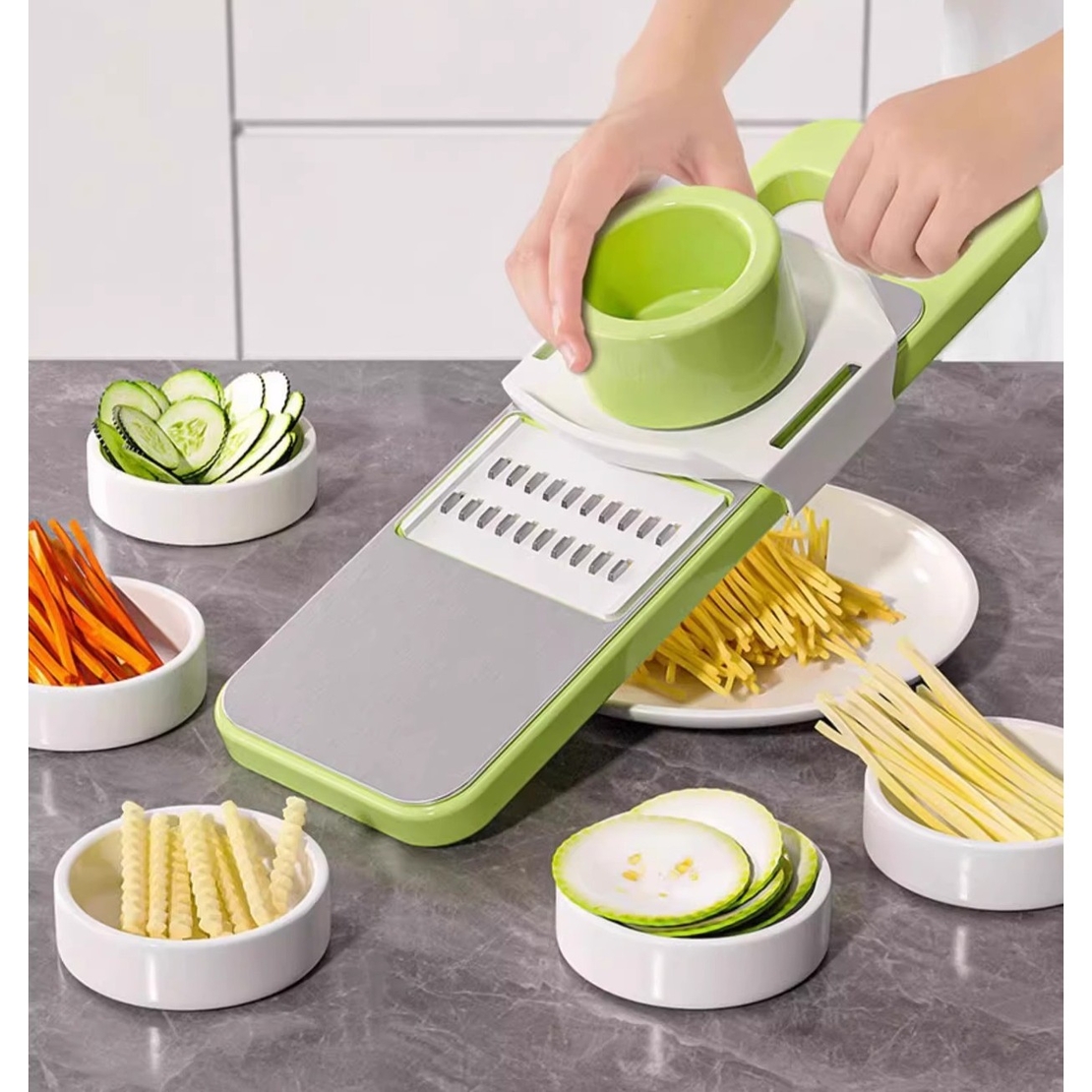 Set Multifunctional din 7 Piese, Flippy, pentru Taierea si Maruntirea Legumelor, Uz Casnic,din Otel Inoxidabil, Gri-Verde