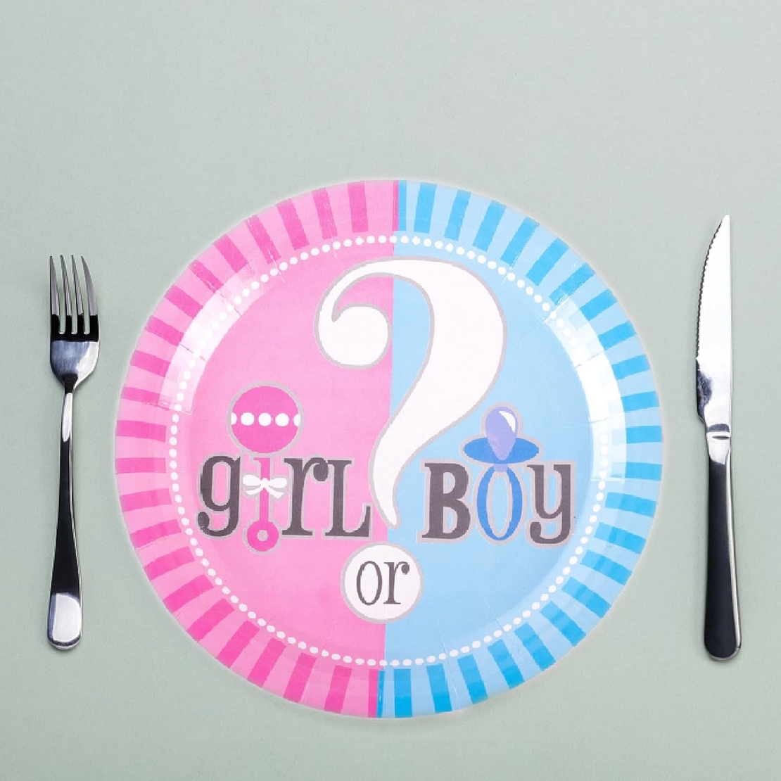 Set 10 Farfurii Gender Reveal, Flippy, Girl or Boy, din Carton, 18 cm, Roz/Albastru