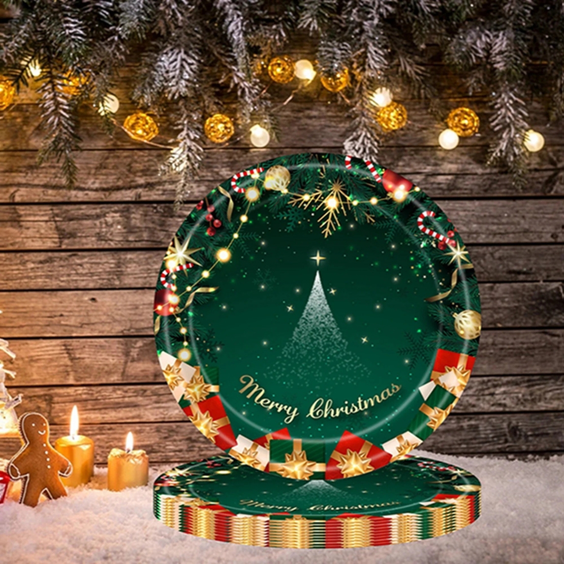Set 16 Farfurii de Unica Folosinta, Flippy, Model Brad de Craciun Merry Christmas, Tematica Craciun, 18 cm, Verde
