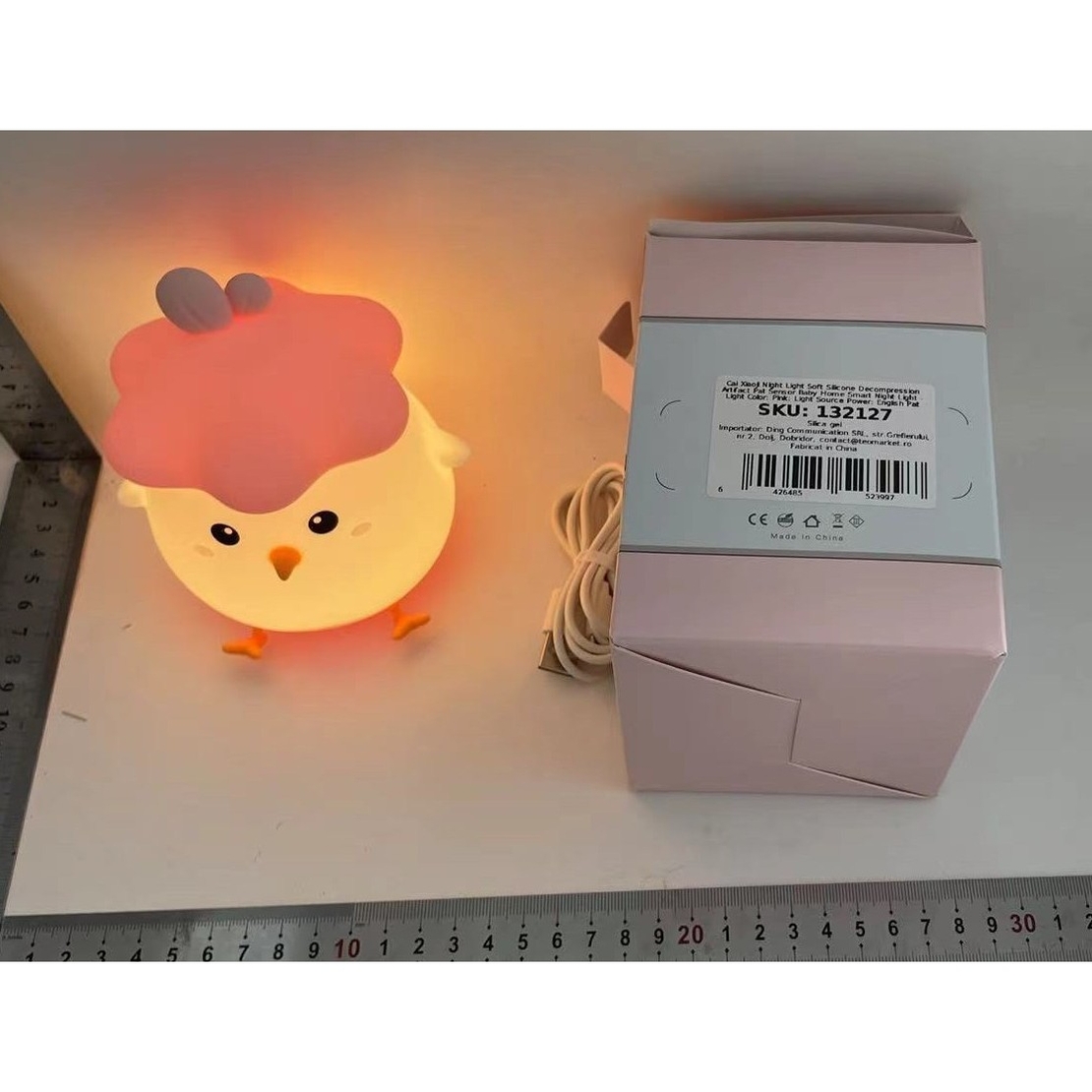 Lampa de Veghe pentru Copii, Flippy, din Silicon, Senzor Tactil, Model Pui, Lumina Calda, Protectie pentru Ochi, Incarcare USB, Capacitate Baterie Incorporata 800mAh, 11 x 10 x 12.4 cm, Roz