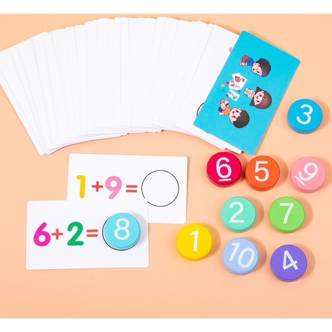 Joc Educational, Flippy, Invatare Adunare si Scadere, Cifre din Lemn, 46 Planse, +3 Ani, Multicolor