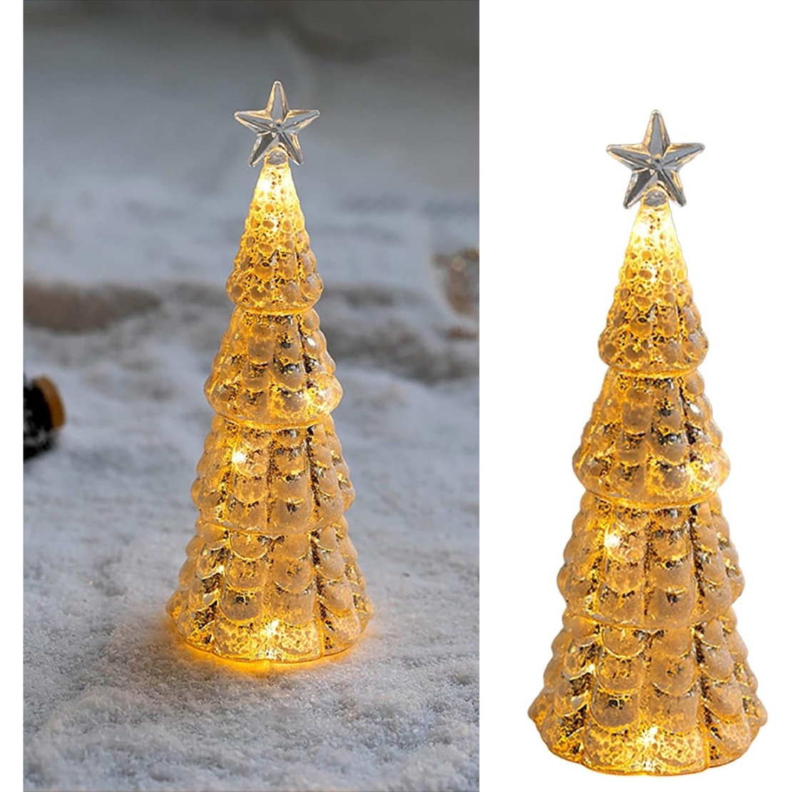 Decoratiune de Craciun, Flippy, Model Brad cu Stea, din Sticla, Lumini, Baterii 3 AA, 24 x 8 cm, Auriu