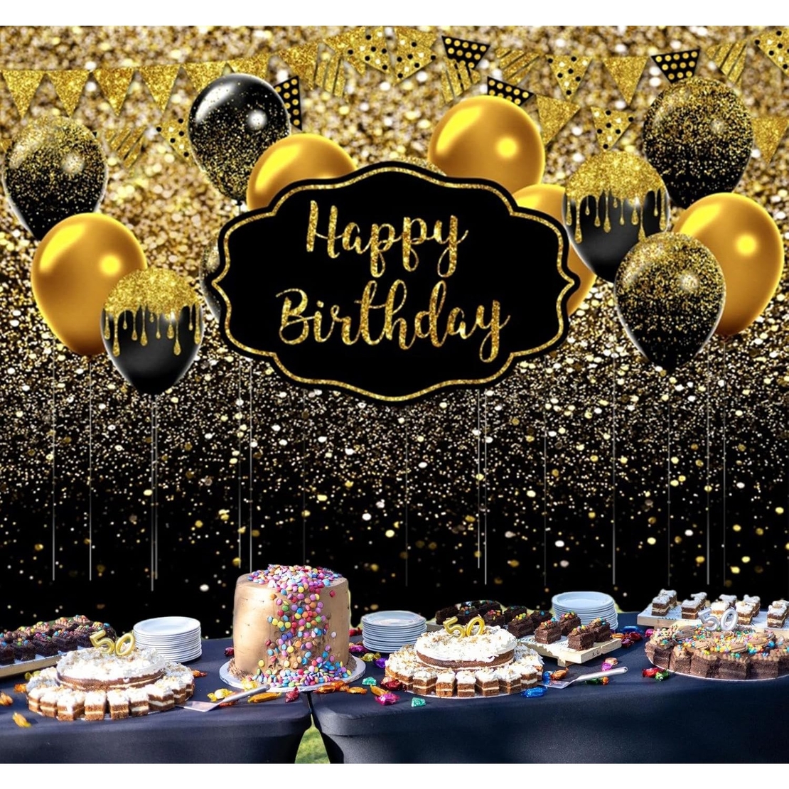 Banner Tip Fundal pentru Poze, Flippy, din Panza, 185 x 110 cm, Sfoara 6 m, Prindere in 4 Colturi, Negru/Auriu