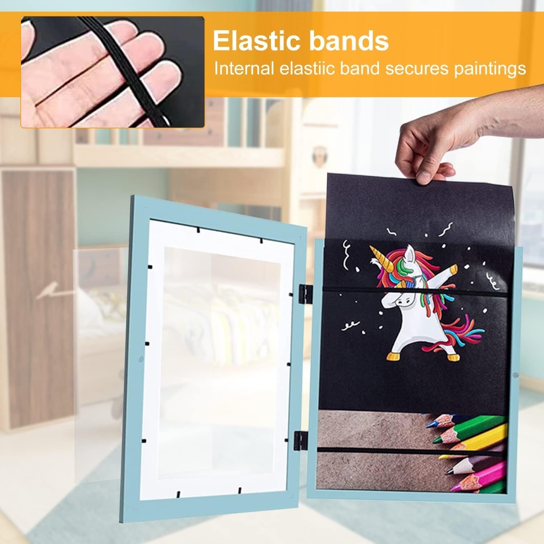 Rama Foto Flippy, cu Magnet, din Lemn, cu Spatiu Pentru Depozitare, Pentru Desene si Picturi A4, Sticla Securizata, Rama MDF, 21x30 cm, Albastru