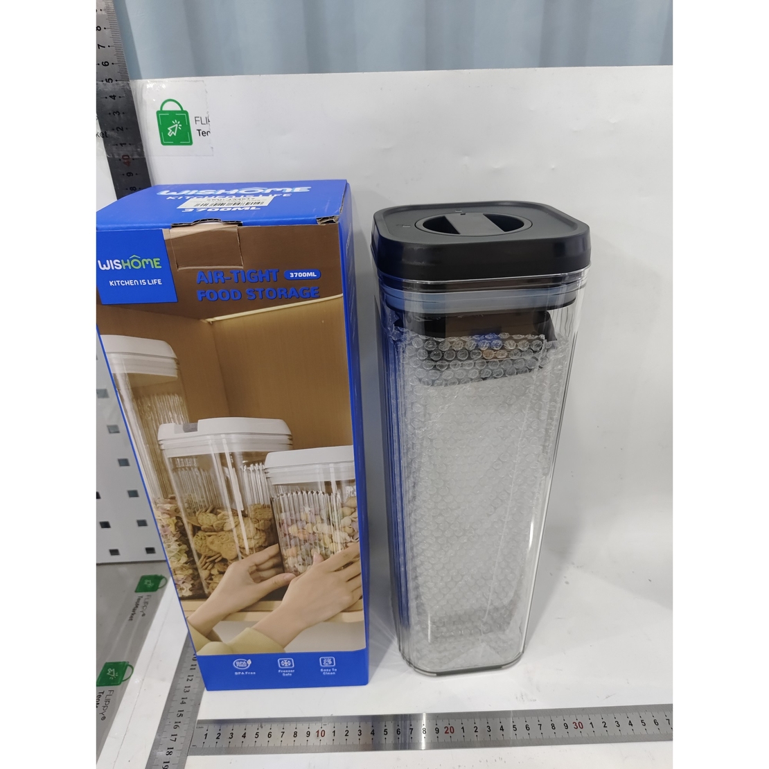 Cutii de Depozitare Alimente, Flippy, Set din 2 Cutii de Tip Container de 1.9 si 3.7 l, Recipiente pentru Cereale in Bucatarie, Transparente cu Capac Negru