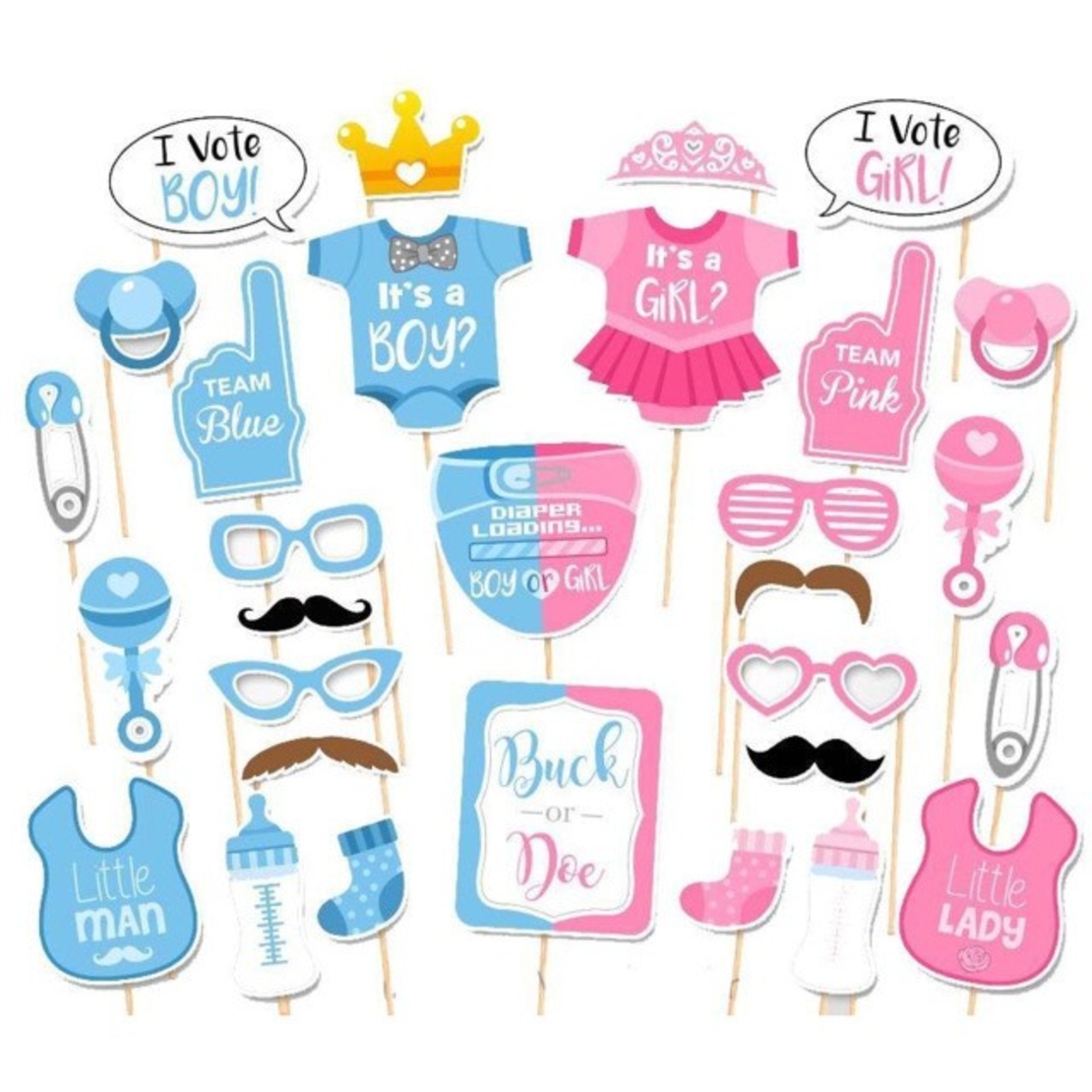 Set 30 de Accesorii pentru Petrecere, Flippy, Props pentru Coltul de Poze, Gender Reveal, Tematica Baby Shower, Albastru-Roz