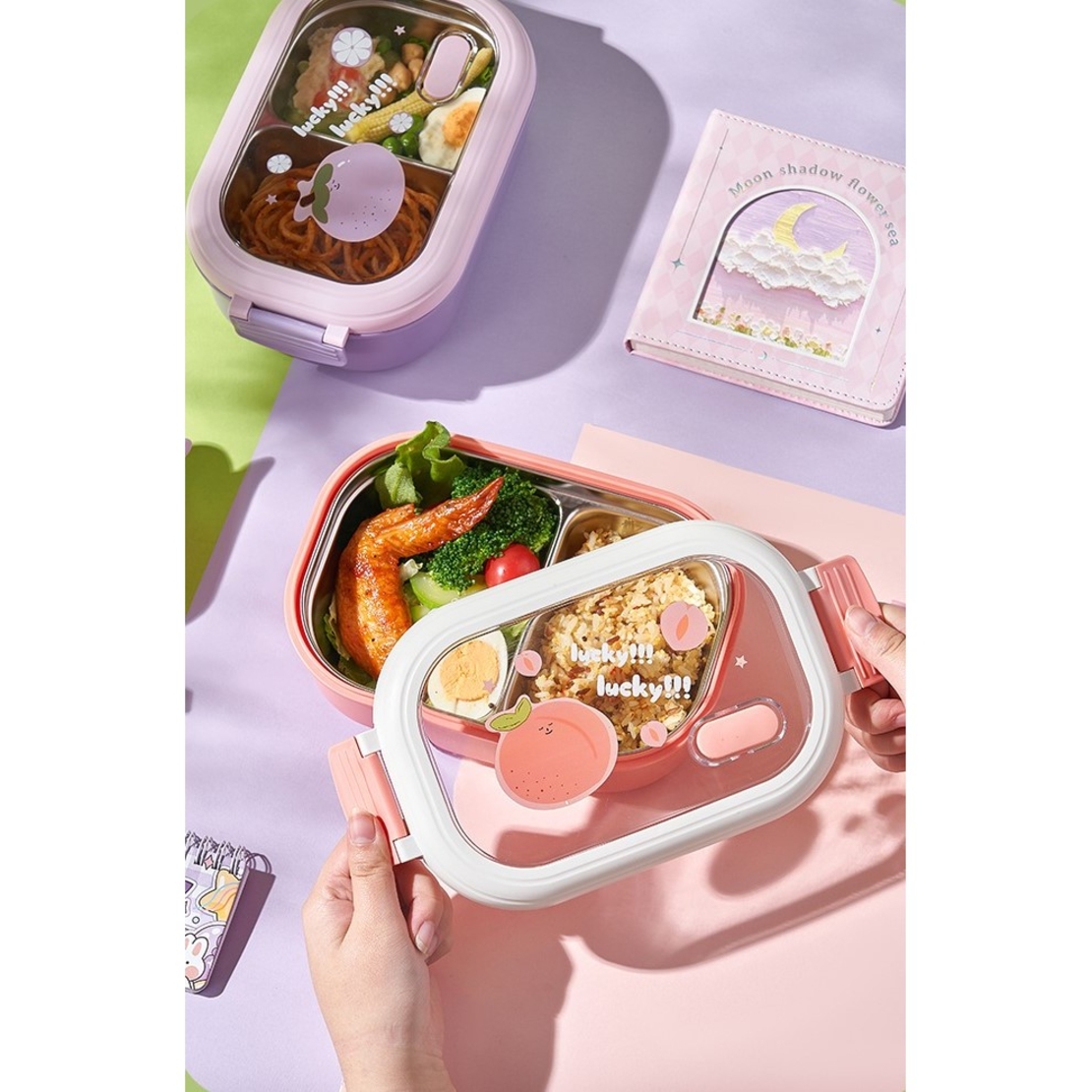 Cutie pentru Pranz sau Gustari, Flippy, cu Doua Compartimente, pentru Copii si Adulti, Etansare, PP, Perfect pentru Scoala si Birou, 1000 mL, 22.5x14.5x8 cm, Roz
