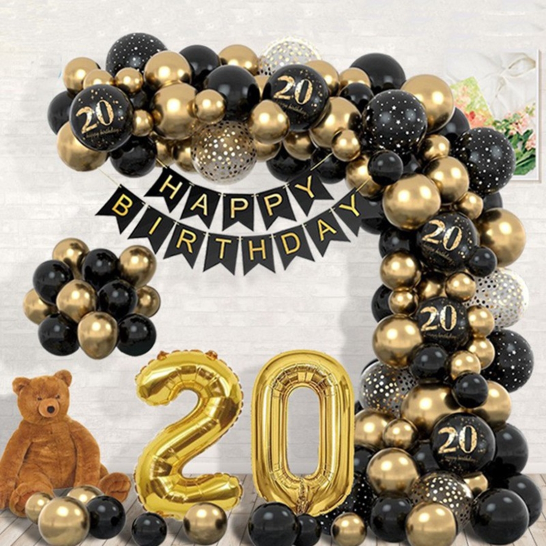 Set Baloane Folie si Latex, Flippy, Tematica Aniversare, Baloane Latex, Figurine Cifrele 2 si 0, Ambalaj Individual, Pai Inclus, Umflare cu Aer sau Heliu, Auriu Negru