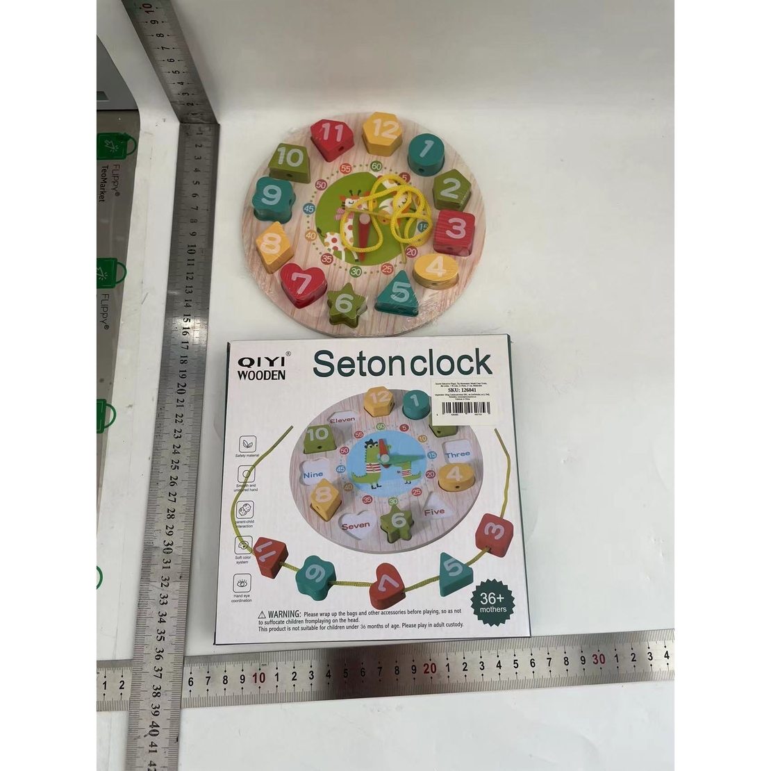 Jucarie Educativa Flippy, Tip Montessori, Model Ceas Girafa, din Lemn, + 36 Luni, 12 Piese, 17 cm, Multicolor