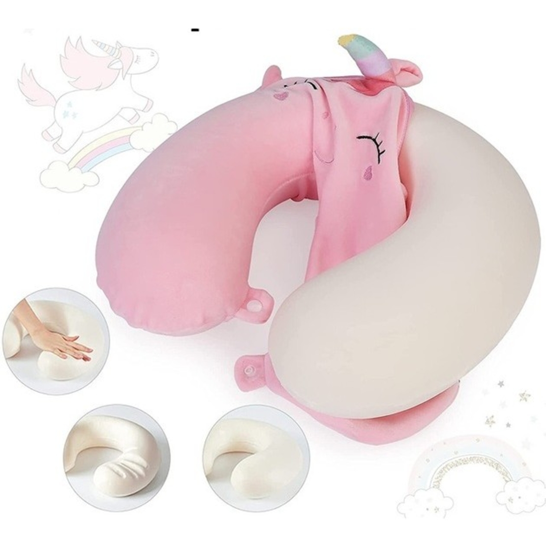 Perna de Calatorie in Forma de U, Flippy, Pentru Gat si Cap, Umplutura din Spuma cu Memorie, 30x30 cm, Model Unicorn, Accesoriu de Voiaj, Birou, Masina, Sistem Prindere Capse, Roz