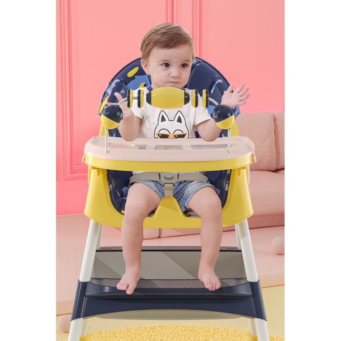 Scaun de Masa 2in1, Flippy, pentru Copii de la 6 luni - 5 Ani, Inaltime Reglabila, Centura in 5 Puncte, Tava de Masa, Roti cu Frana, Cos Depozitare, Jucarie Inclusa, 94 x 78 x 60 cm, Albastru/Galben