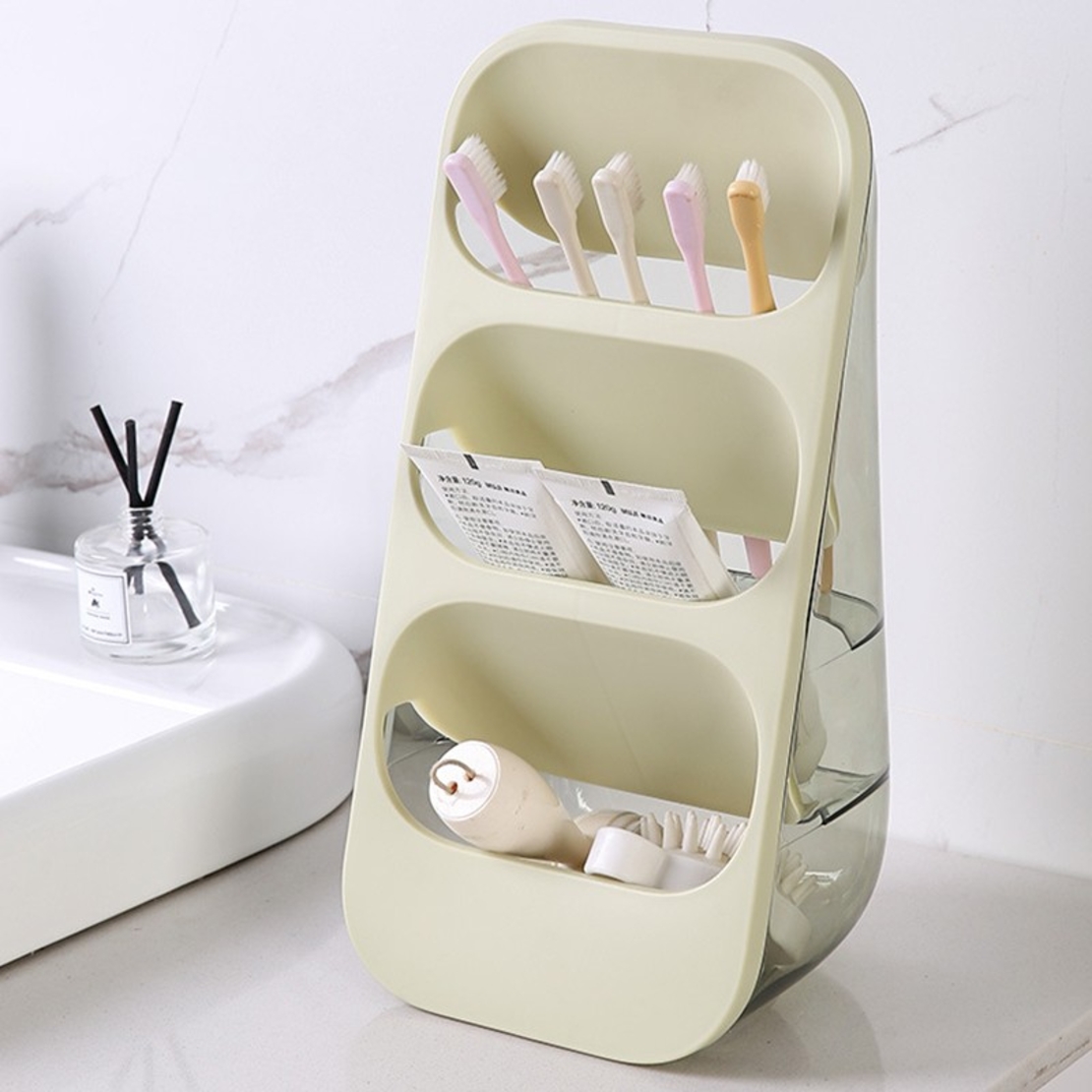 Suport - Organizator pentru Tacamuri, Flippy, 3 Compartimente, Suport pentru Cosmetica, Ustensile, Material PP Durabil, 33 x 16 x 15 cm Verde