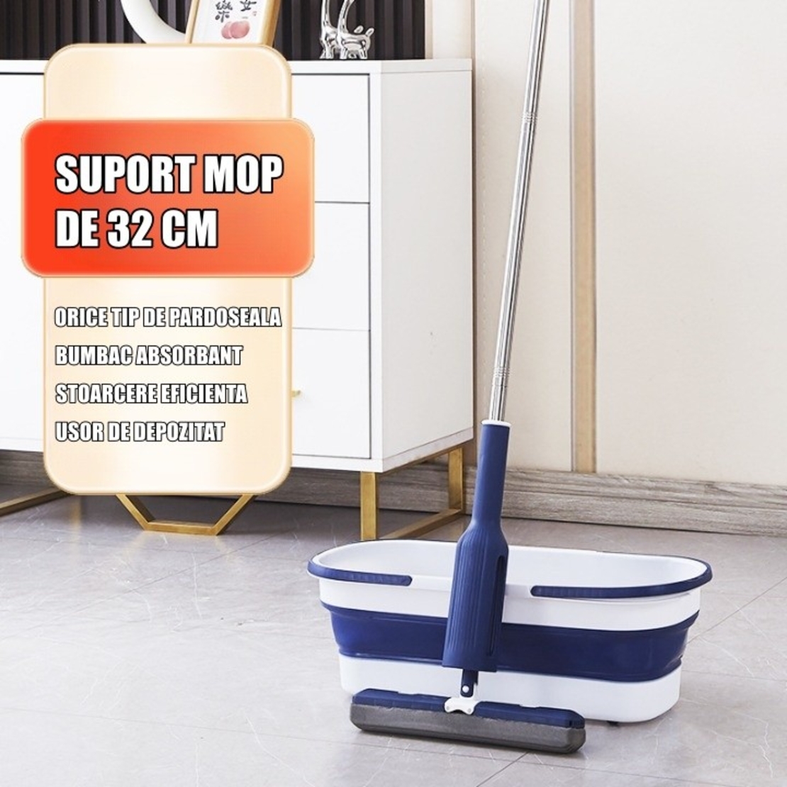 Set Mop Telescopic cu Galeata Pliabila, Flippy, Albastru, 32 cm, Maner Reglabil 140 cm, Sistem de Stoarcere Eficient