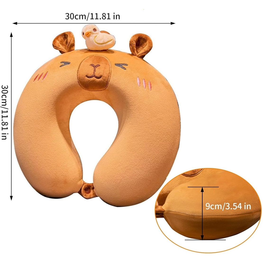 Perna de Calatorie in Forma de U, Flippy, Pentru Gat si Cap, Umplutura din Spuma cu Memorie, 30x30 cm, Model Capybara, Accesoriu de Voiaj, Birou, Masina, Sistem Prindere Capse, Maro