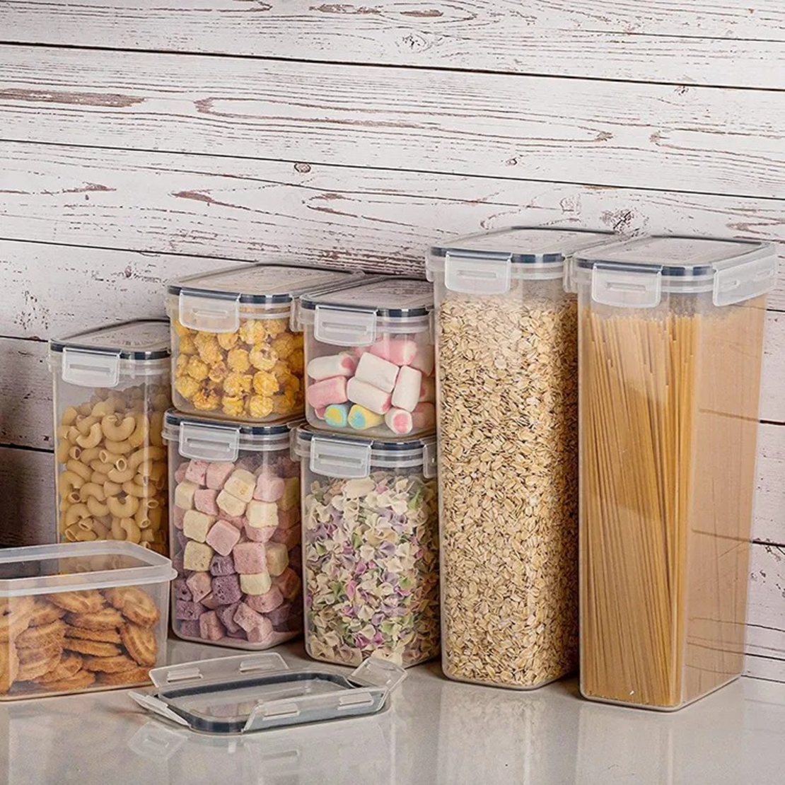 Cutii de depozitare alimente, Flippy, Set din 8 Cutii pentru Condimente, Cereale, Cutii pentru Bucatarie, din Plastic PP, Cutii Alimentare, Diferite Dimensiuni, Transparente